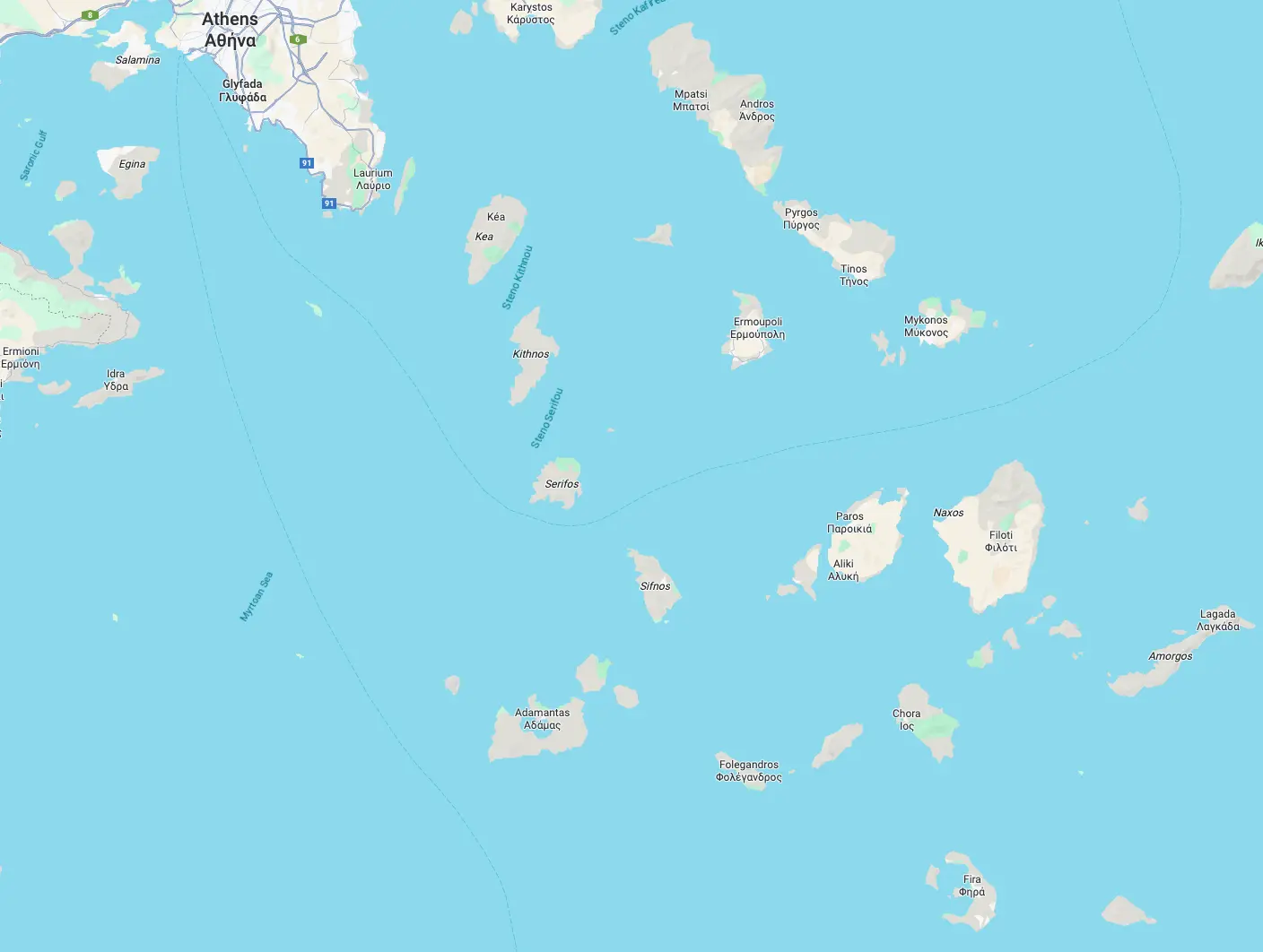 Athens Mykonos Paros Route Map